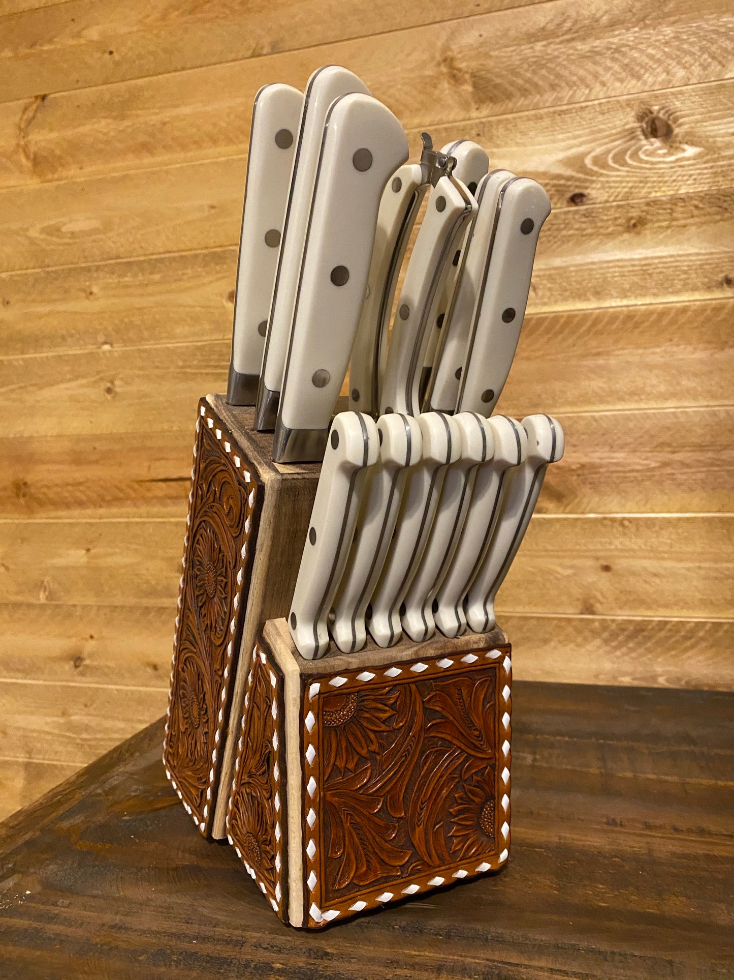 Tooled Leather Covered Knife Block